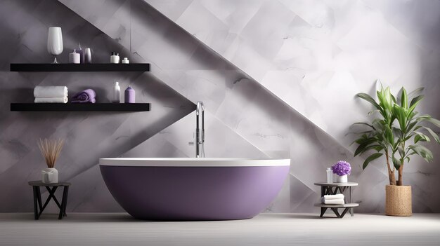 盆栽の植物の隣にある紫色の浴槽のある浴室 ローベンダーのある海岸内装の浴室