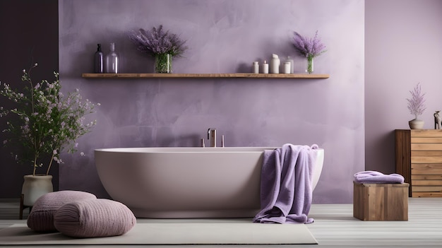 ванная комната с фиолетовыми стенами и белой ванной Современный интерьер ванной комнаты с цветовой темой лаванды