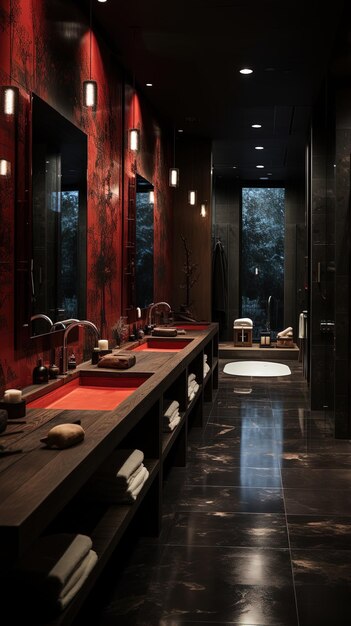 a bathroom with a red sink and a mirror