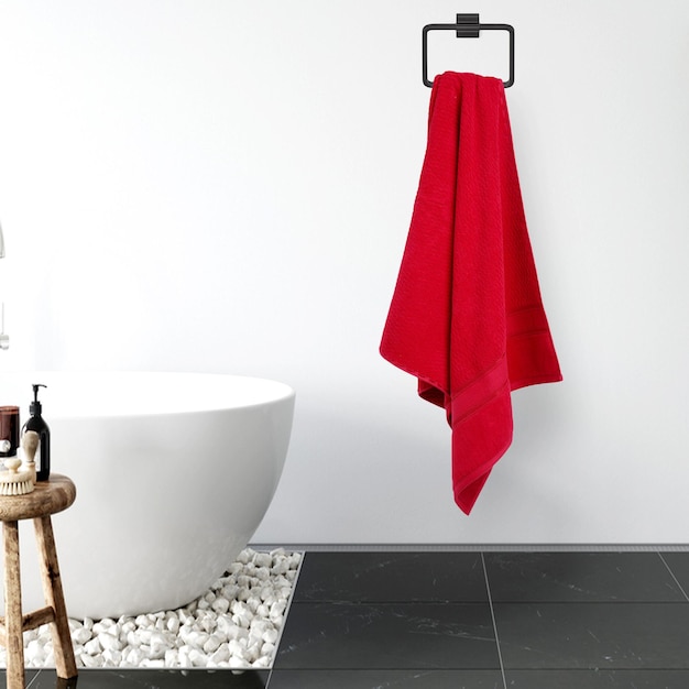 A bathroom with a red towel hanging from a hook