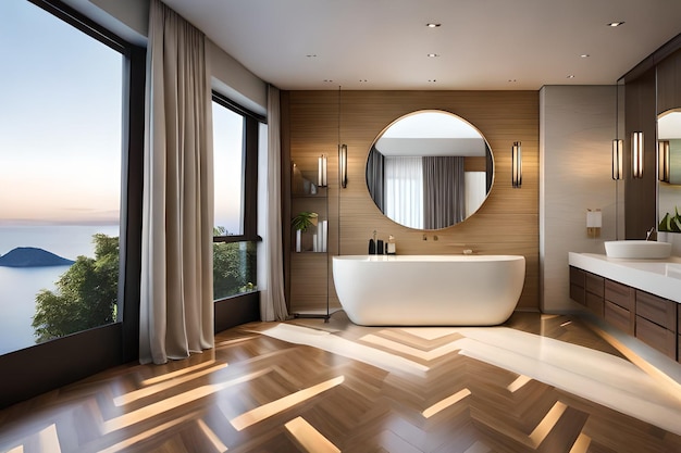 A bathroom with a round mirror and a large round mirror