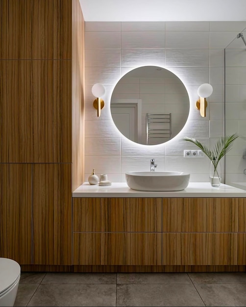 a bathroom with a round mirror and a sink with a plant in it