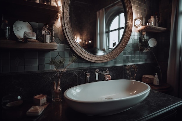 A bathroom with a round mirror and a sink with a white bowl on it.