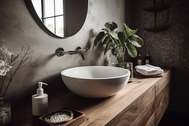 A bathroom with a round mirror above the sink.