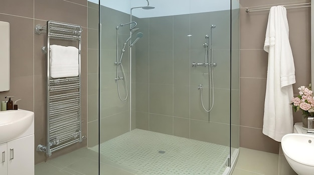 A bathroom with a selfcleaning musicplaying shower