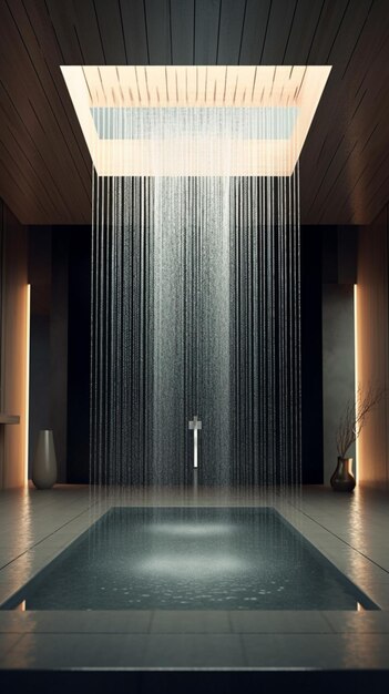 A bathroom with a shower and a large ceiling with a light that is on.