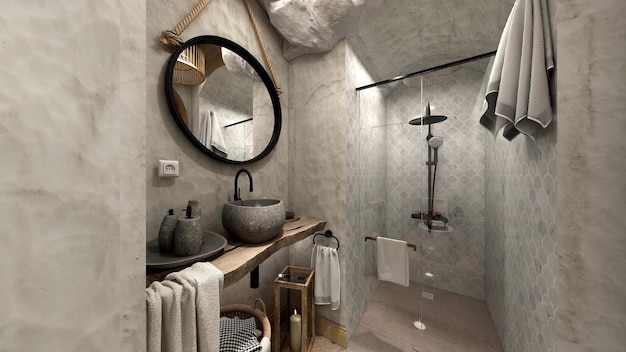 A bathroom with a shower and a sink with a mirror above it.