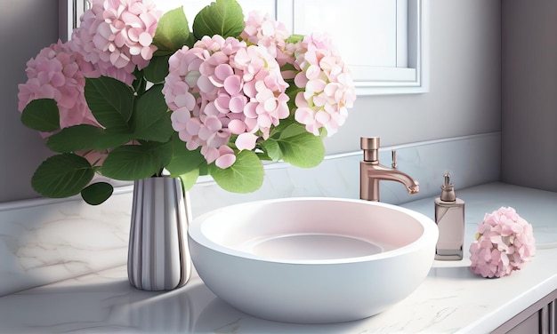 壁に洗面台と花が付いている人工知能を生成する浴室