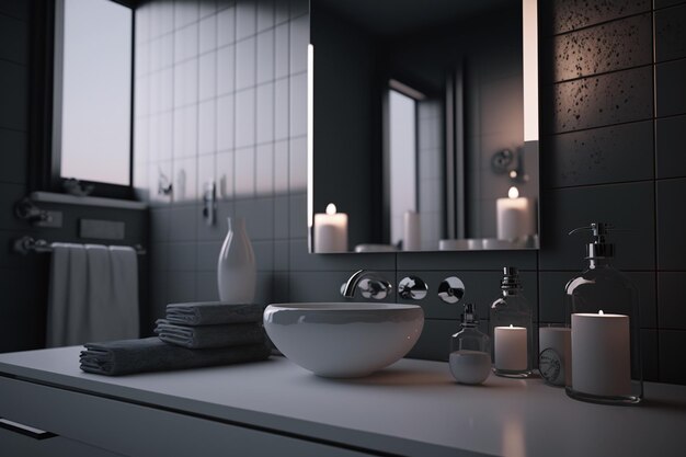 A bathroom with a sink, mirror, and candles.