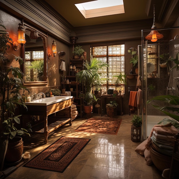 a bathroom with a sink a mirror and a rug with plants on it