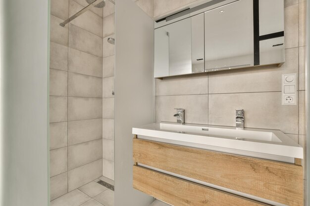 a bathroom with a sink and mirror and a shower