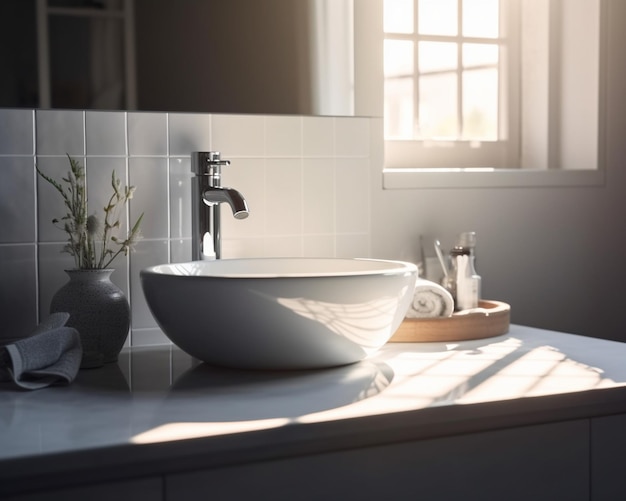 A bathroom with a sink and a mirror with a bamboo plant on it