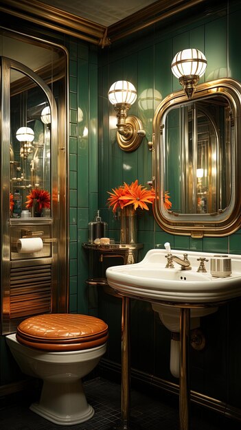 a bathroom with a sink and a mirror with a gold frame