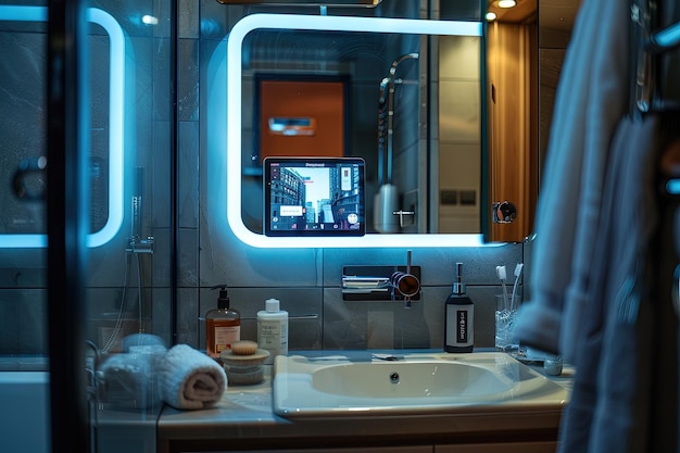 Foto un bagno con un lavandino e uno specchio