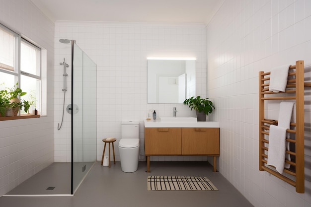 Foto un bagno con un lavandino, un bagno e una doccia con uno specchio sulla parete.