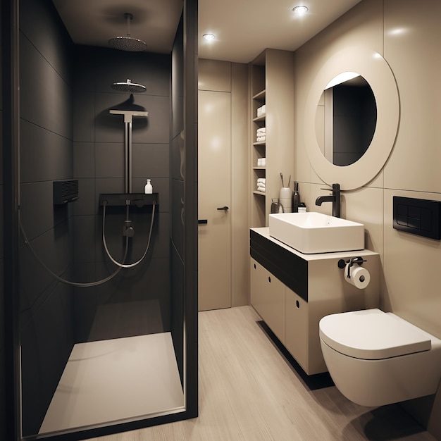 a bathroom with a sink toilet and a shower with a shower in the corner