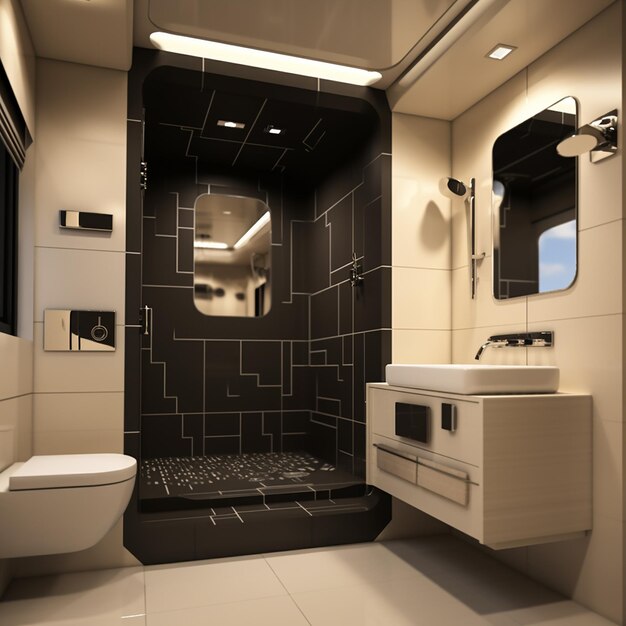 a bathroom with a sink toilet and a shower with a shower in the corner
