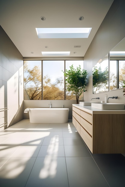 A bathroom with a skylight and a tub and a window with a skylight.