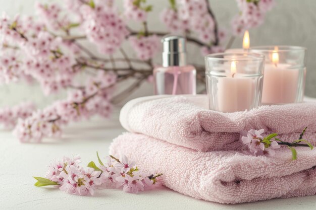 Bathroom with soft pastel towels and candles Generative AI