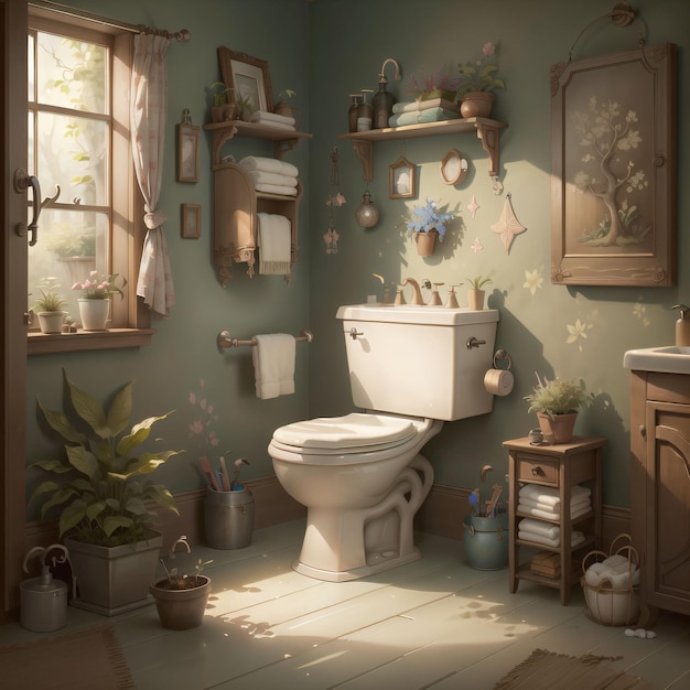 A bathroom with a toilet and a plant on the wall