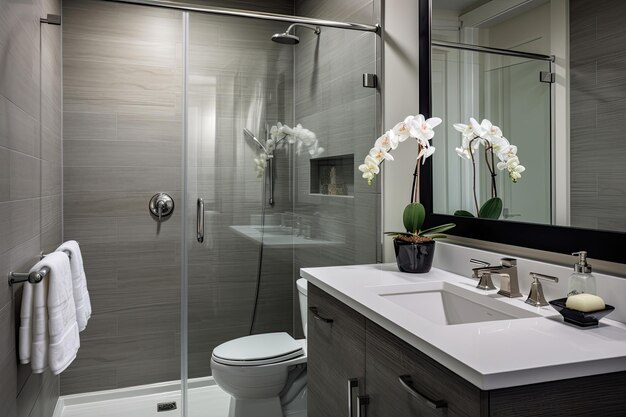 A bathroom with a toilet and a sink with a shower door.