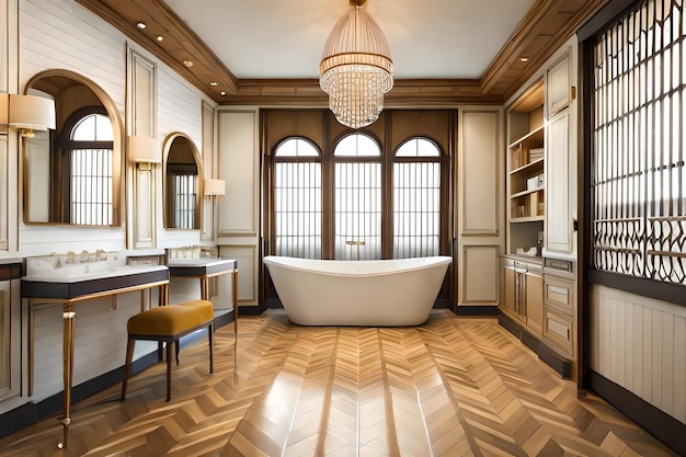 A bathroom with a tub and a chandelier hanging from the ceiling