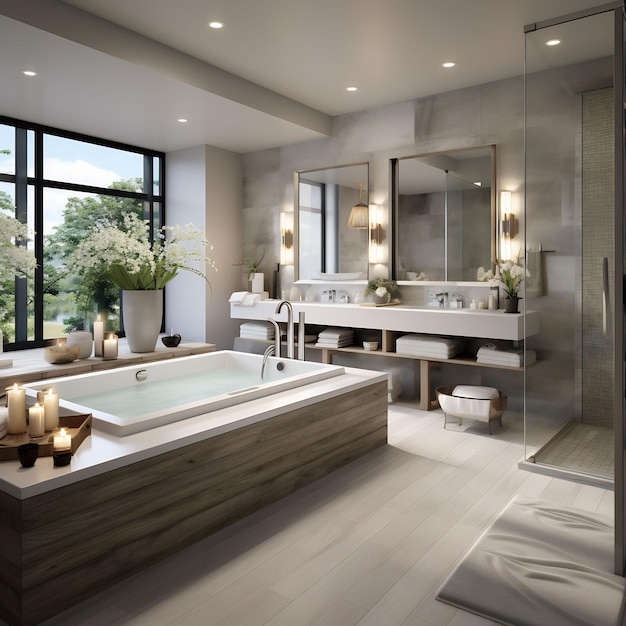 a bathroom with a tub and a large mirror