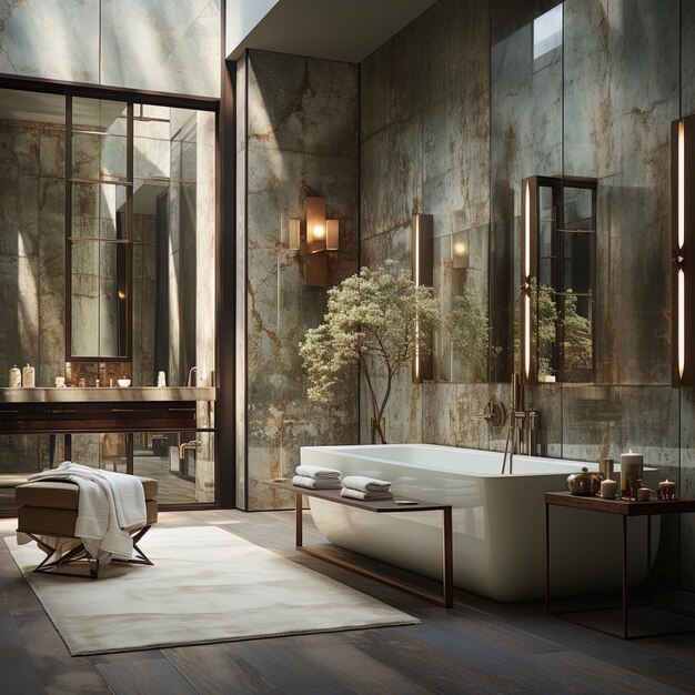 a bathroom with a tub and a mirror in the background