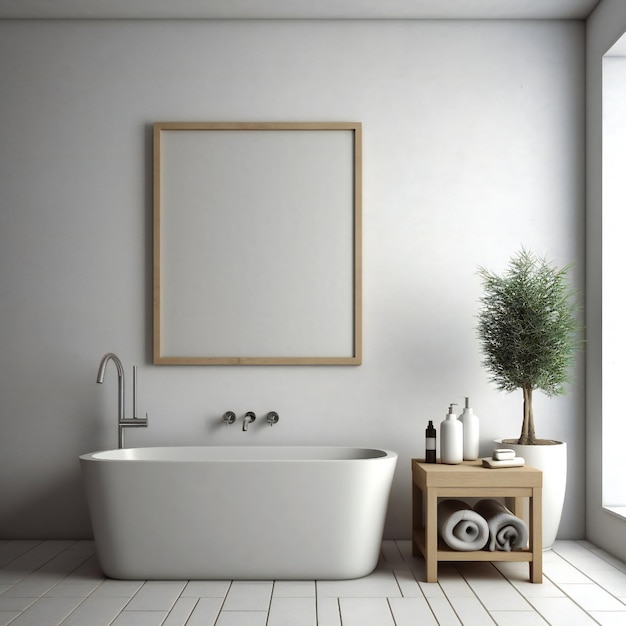 A bathroom with a tub and a picture of a tree on the wall