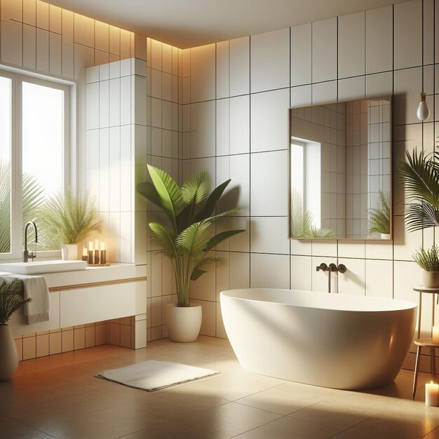 Photo a bathroom with a tub and a plant in the corner