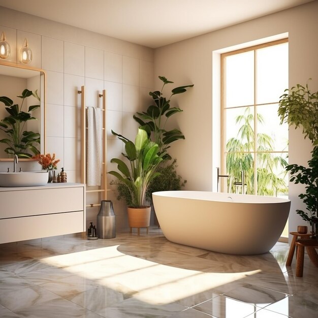 a bathroom with a tub and a plant in the corner