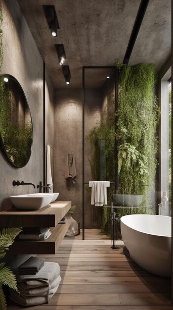 a bathroom with a tub and a plant in it