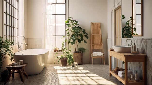 Photo a bathroom with a tub and plants on the floor