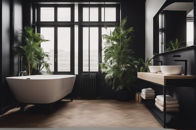 a bathroom with a tub and plants on the shelf.