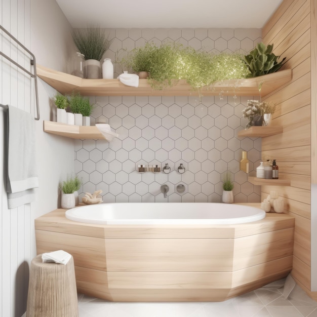 a bathroom with a tub and plants on the shelves