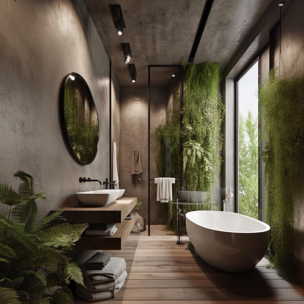 a bathroom with a tub and plants on the wall