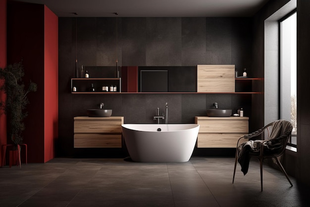 a bathroom with a tub and a red wall.