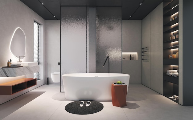 a bathroom with a tub and a rug on the floor