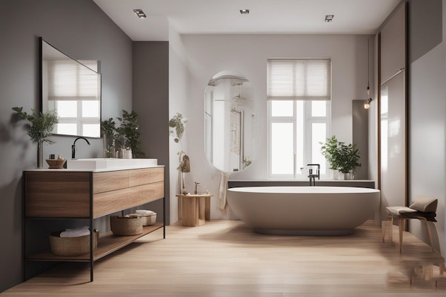 a bathroom with a tub and a shelf with a tub in it