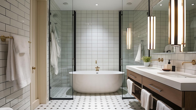 Photo a bathroom with a tub and a shower with a glass door