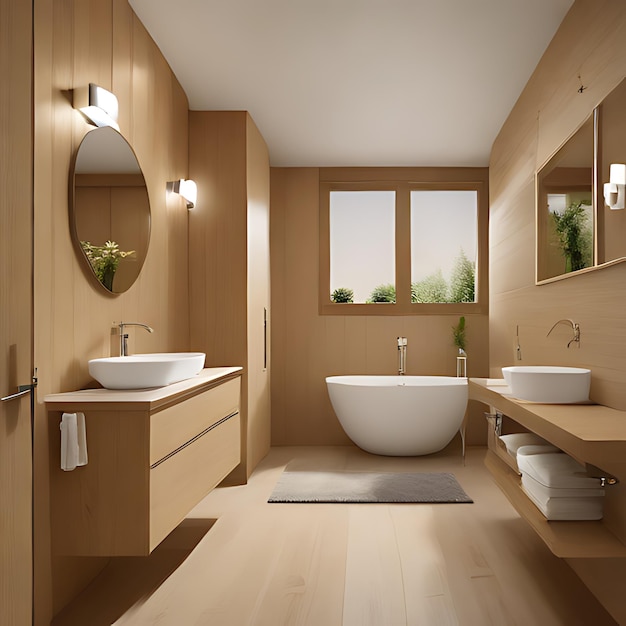 a bathroom with a tub sink and mirror