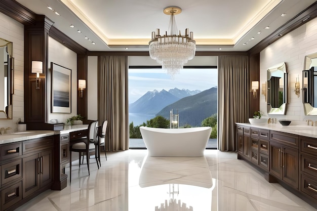 A bathroom with a tub and a view of mountains