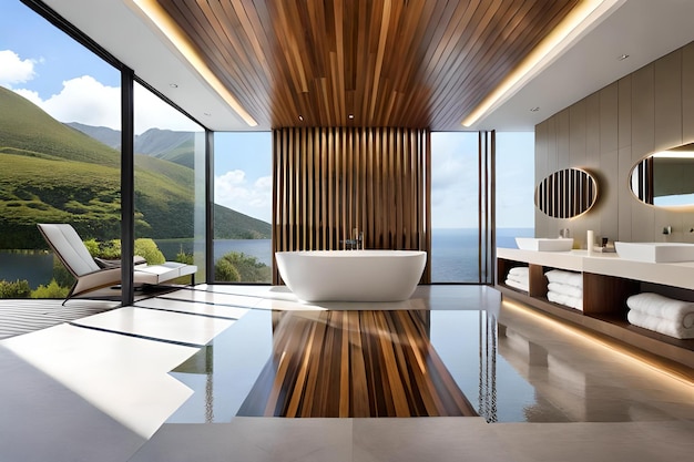 A bathroom with a tub and a view of the ocean