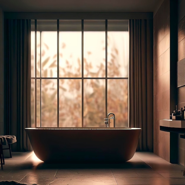 A bathroom with a tub and a window in the background