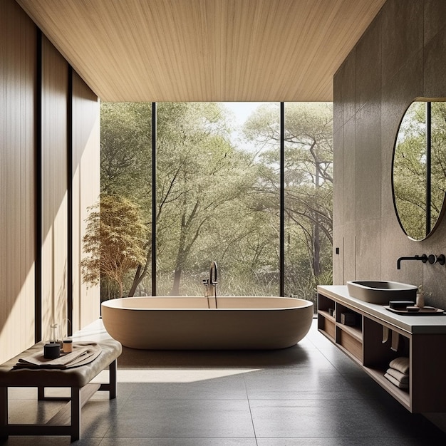 a bathroom with a tub and a window that has a view of trees outside.