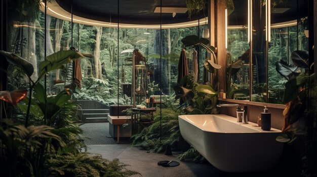 a bathroom with a tub and a window that says " jungle ".