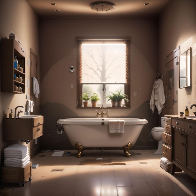 A bathroom with a tub and a window with plants on it