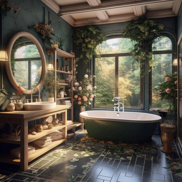 Photo a bathroom with a tub and a window with a view of the woods.