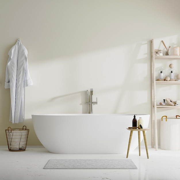 Bathroom with tub wooden shelves with bath accesories bathrobe 3d rendering