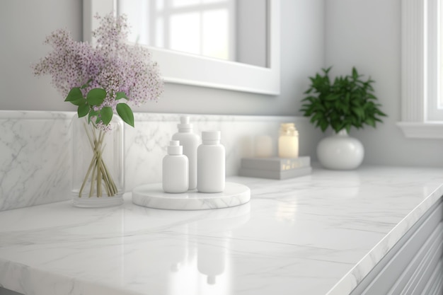 A bathroom with a vase of flowers and a bottle of soap.